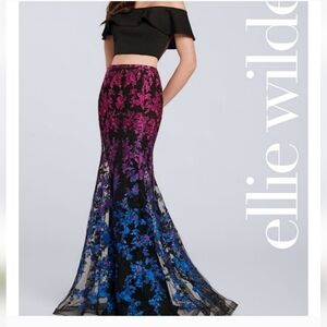 ELLIE WILD Mon Cheri Black and Purple High-Low Trumpet Maxi Skirt  Size 8